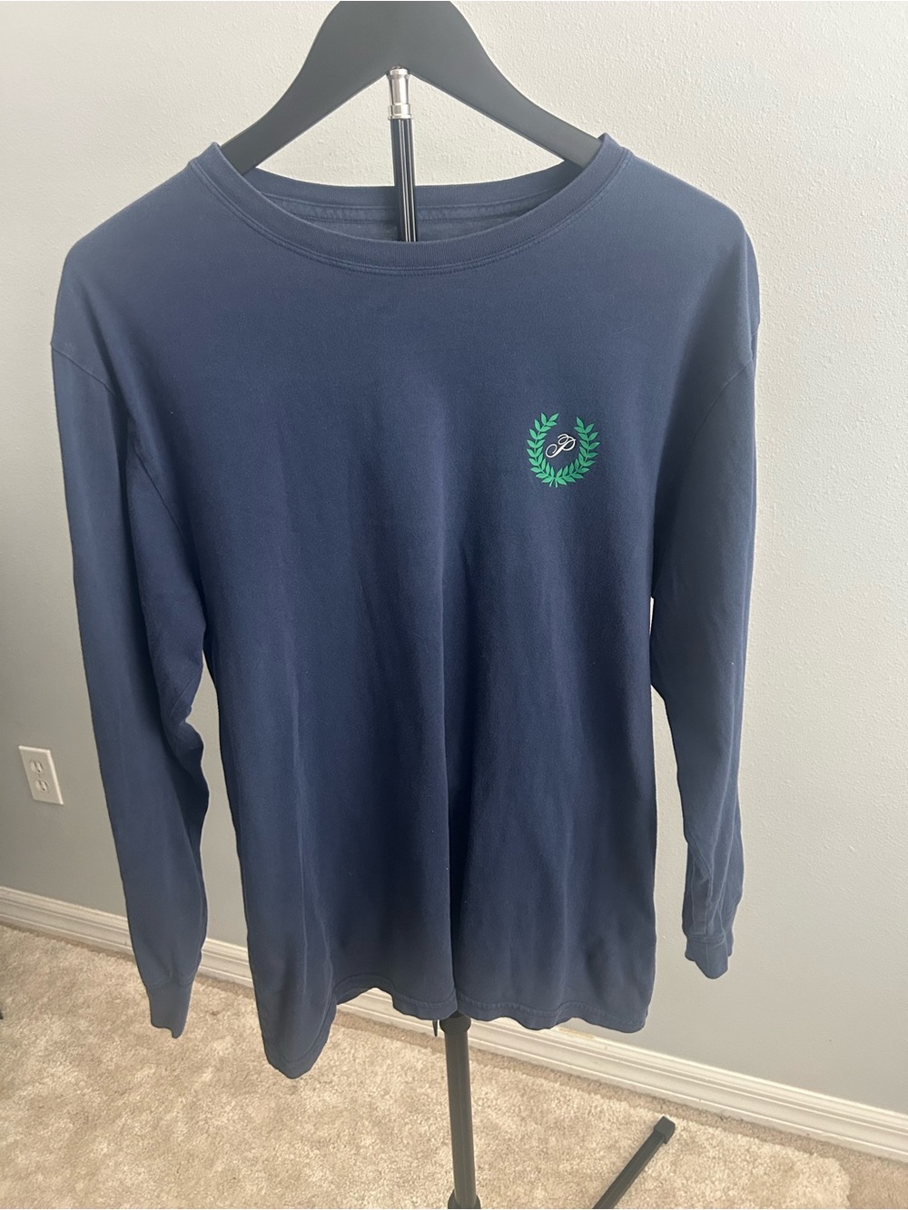 PINK Victoria's Secret Navy Long-Sleeve Tee with Green Laurel Emblem